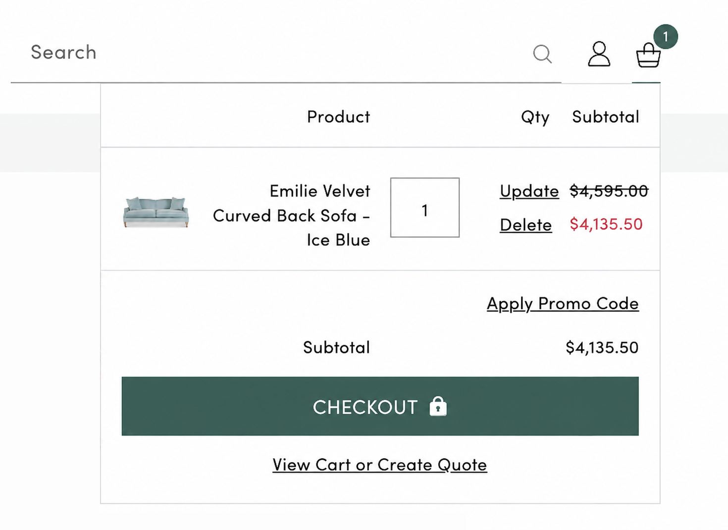 Cart with View Cart or Create Quote button