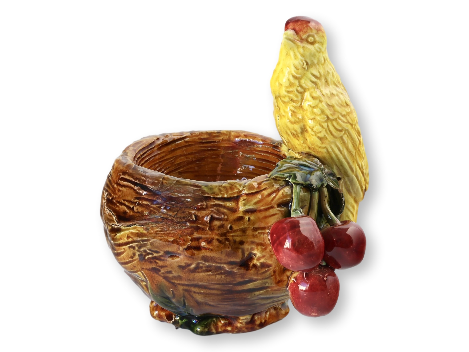 English Majolica Bird Nest &Cherries Pot