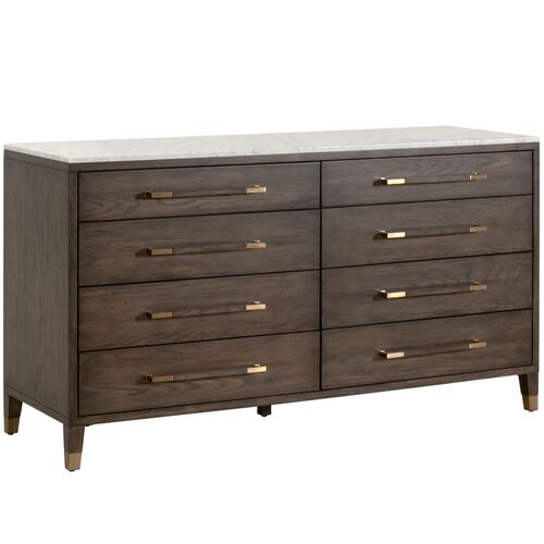 Aspen 8-Drawer Double Dresser, Brown Oak/White Marble