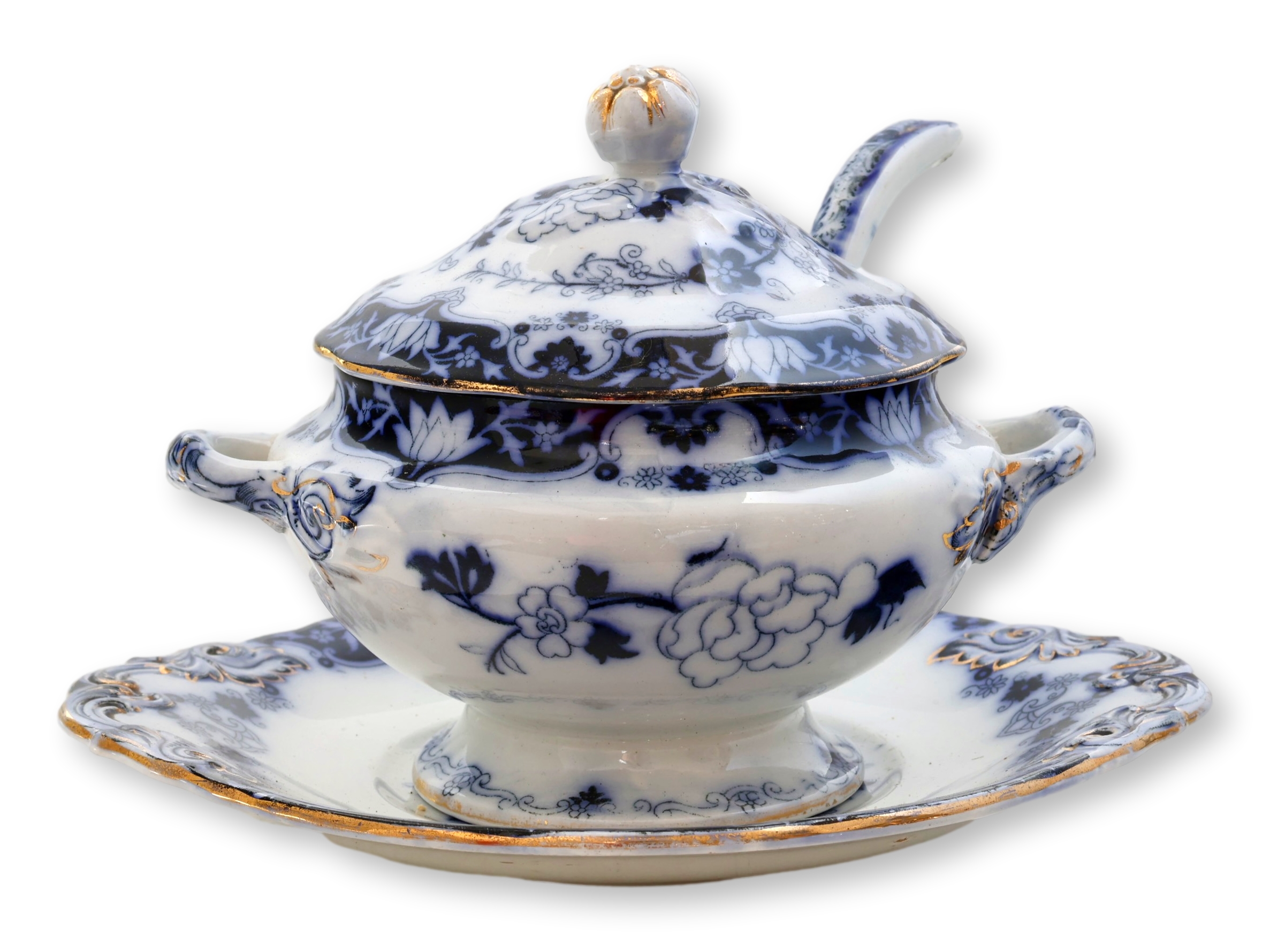 1850s English Flow Blue Sauce Tureen Set~P77717167