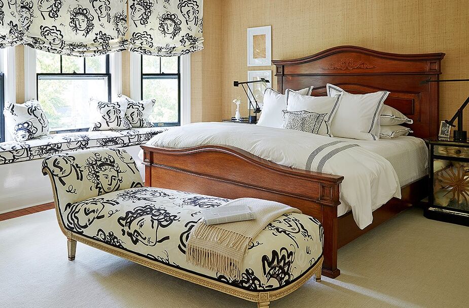 The fabric Mele and the homeowner fell in love with for the master bedroom is Jules et Jim by Clarence House.
