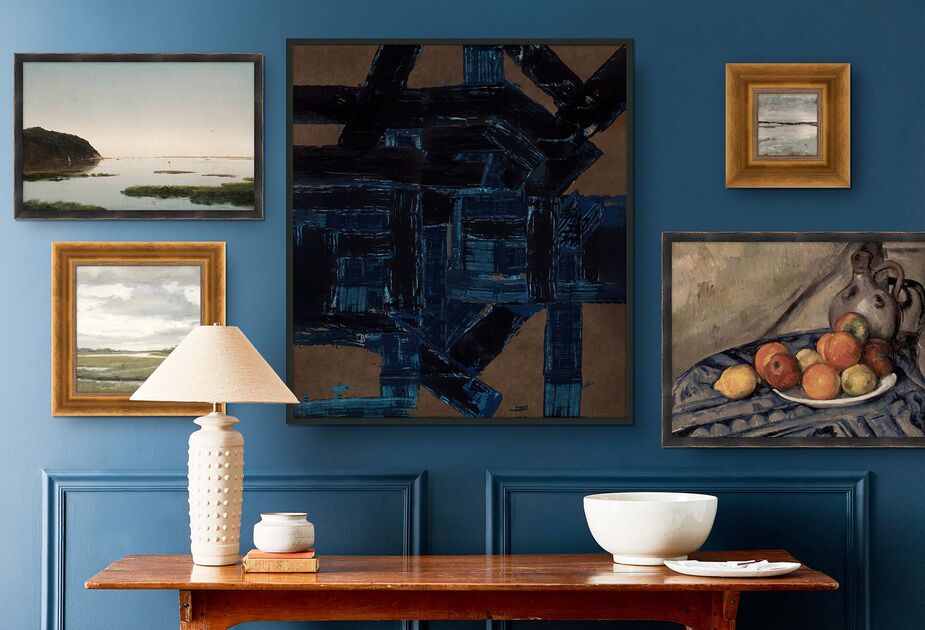 A bold, oversize abstract (such as Mulberry Road, above) serves as a strong anchor.
