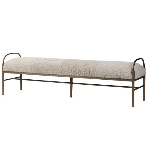 Demi Iron Accent Bench, Beige Shearling