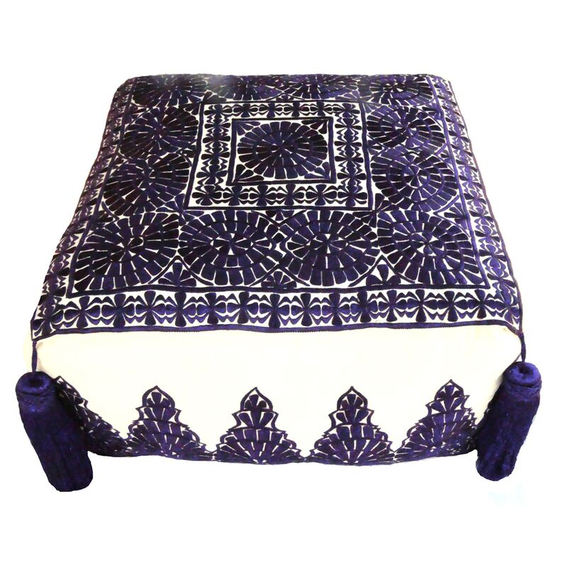 Purple Hand Embroidered Linen Pouf