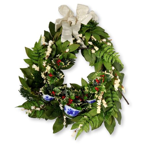 Foliage Wreath w/Antique English Teacups~P77662901