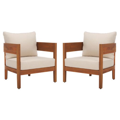 S/2 Yosef Outdoor Teak Lounge Chairs, Natural/Taupe