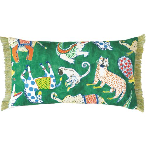 Tipu 15x26 Reversible Animal Lumbar Fringe Pillow, Green/Yellow