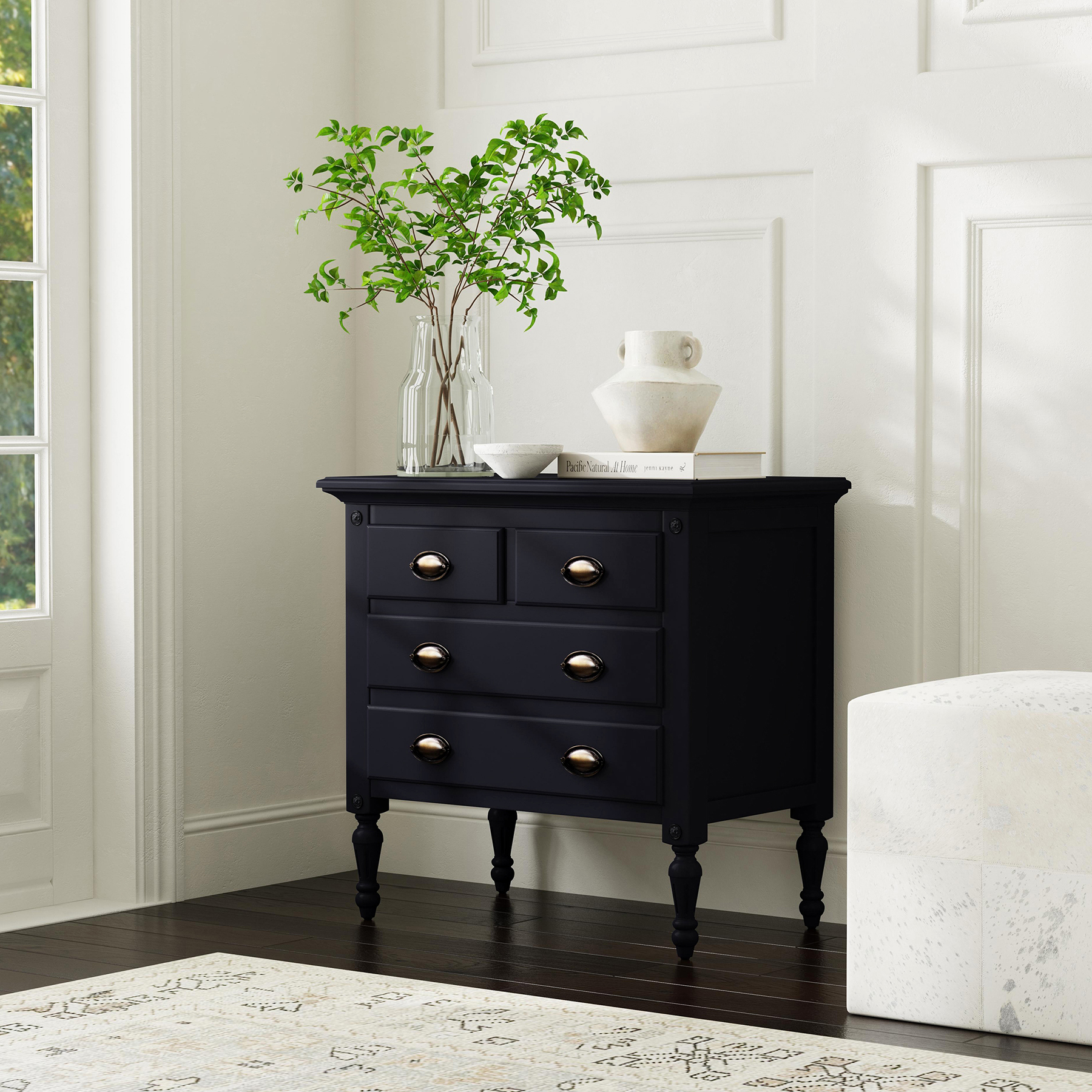 Natural wood chest of drawers with three drawers, black …