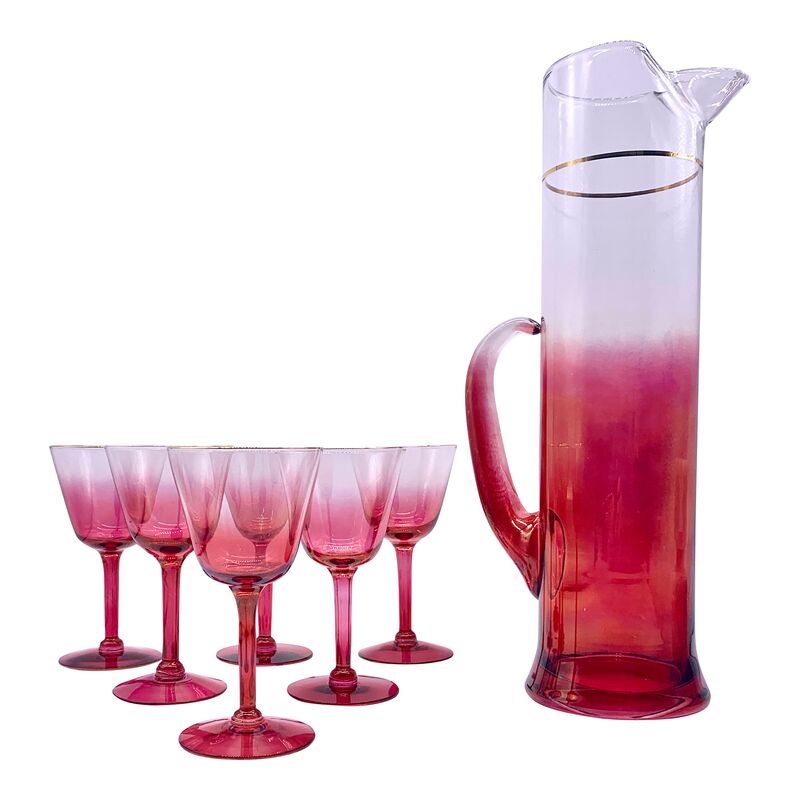 Art Deco Style Cranberry Glassware, S/7