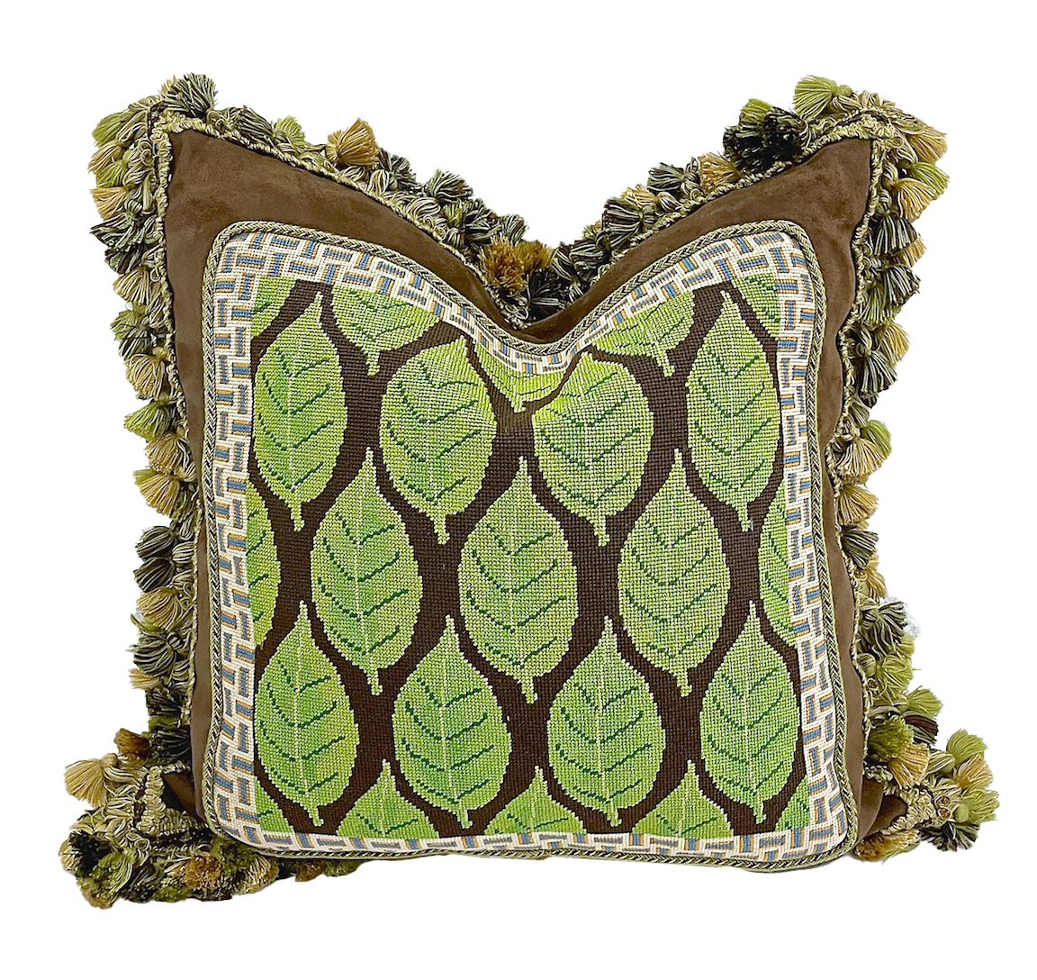 Leaf Pattern Needlepoint & Fringe Pillow