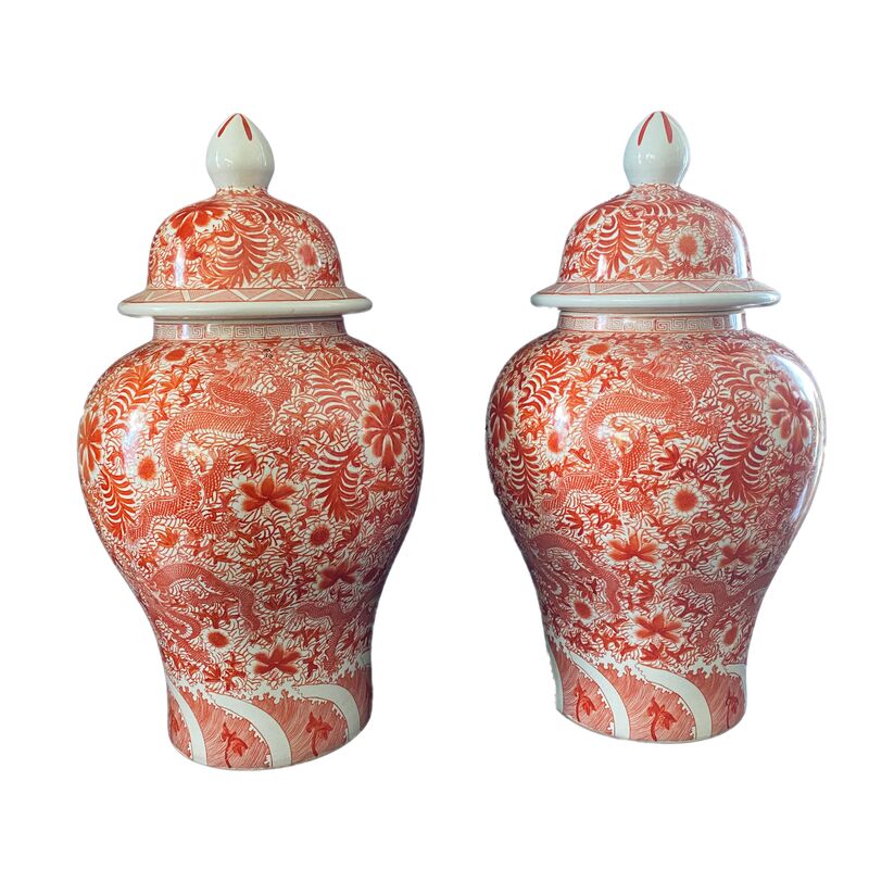 Chinoiserie Coral & White Ginger Jars