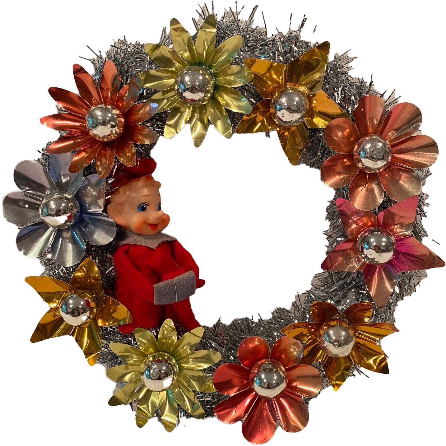 Pixie Tinsel Wreath w/ Foil Flowers~P77632235