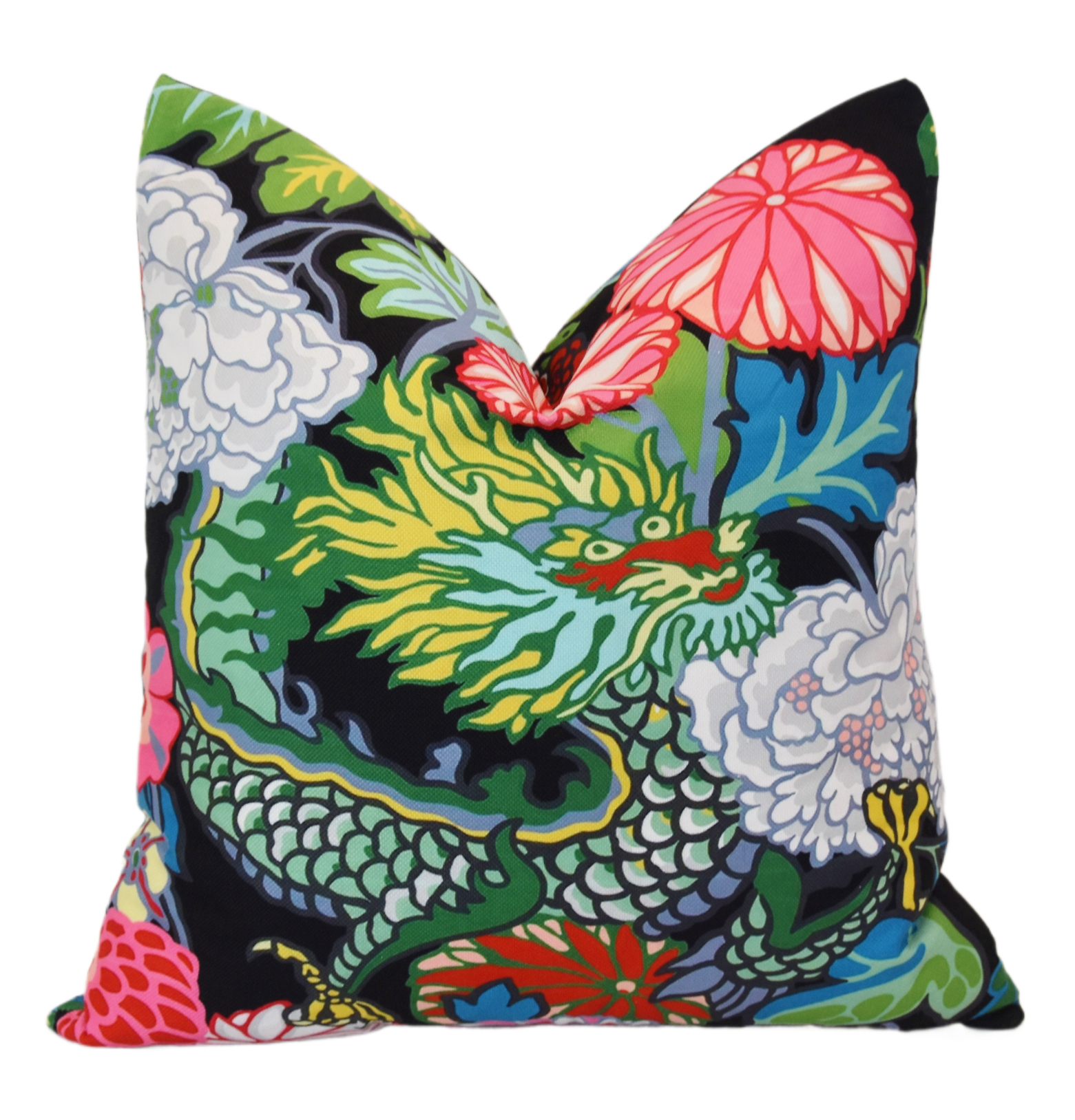 Chinoiserie Asian Dragon Floral Pillow~P77690478