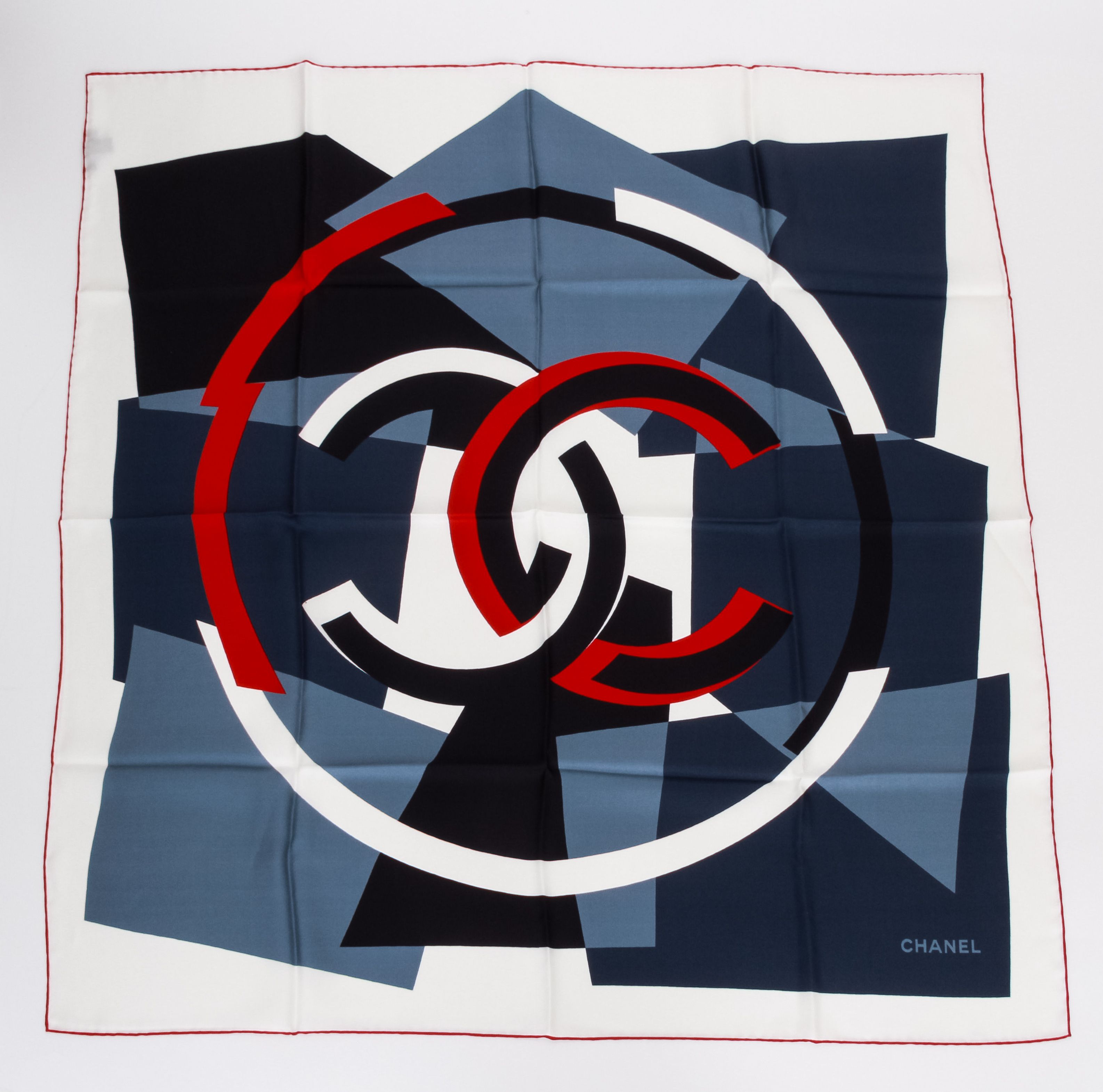 Chanel new black, gray, red silk scarf~P77633515