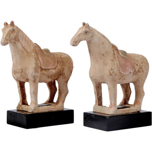 S/2 Horse Statues on Wood Base, Terracotta