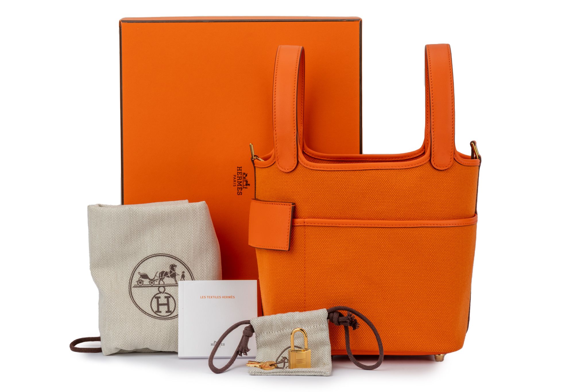 NIB Hermès Orange Swift Toile Picotin 18~P77670683