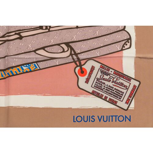 Louis Vuitton Monogram Brown Trunks Silk Square Scarf Louis Vuitton