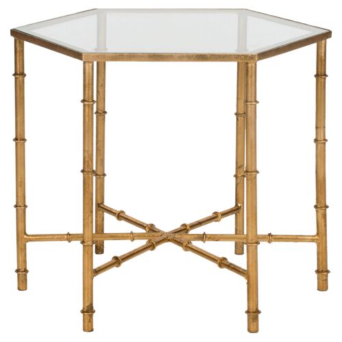 Ashton Bamboo Side Table, Gold/Clear Glass~P42458388