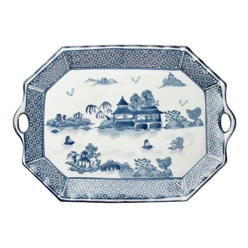19" Handled Willow Platter, Blue/White~P76913514