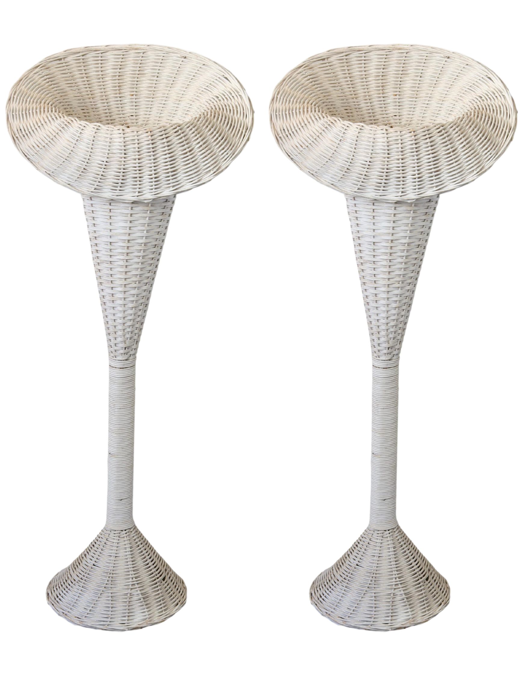 Midcentury White Wicker Plant Stands~P77680973