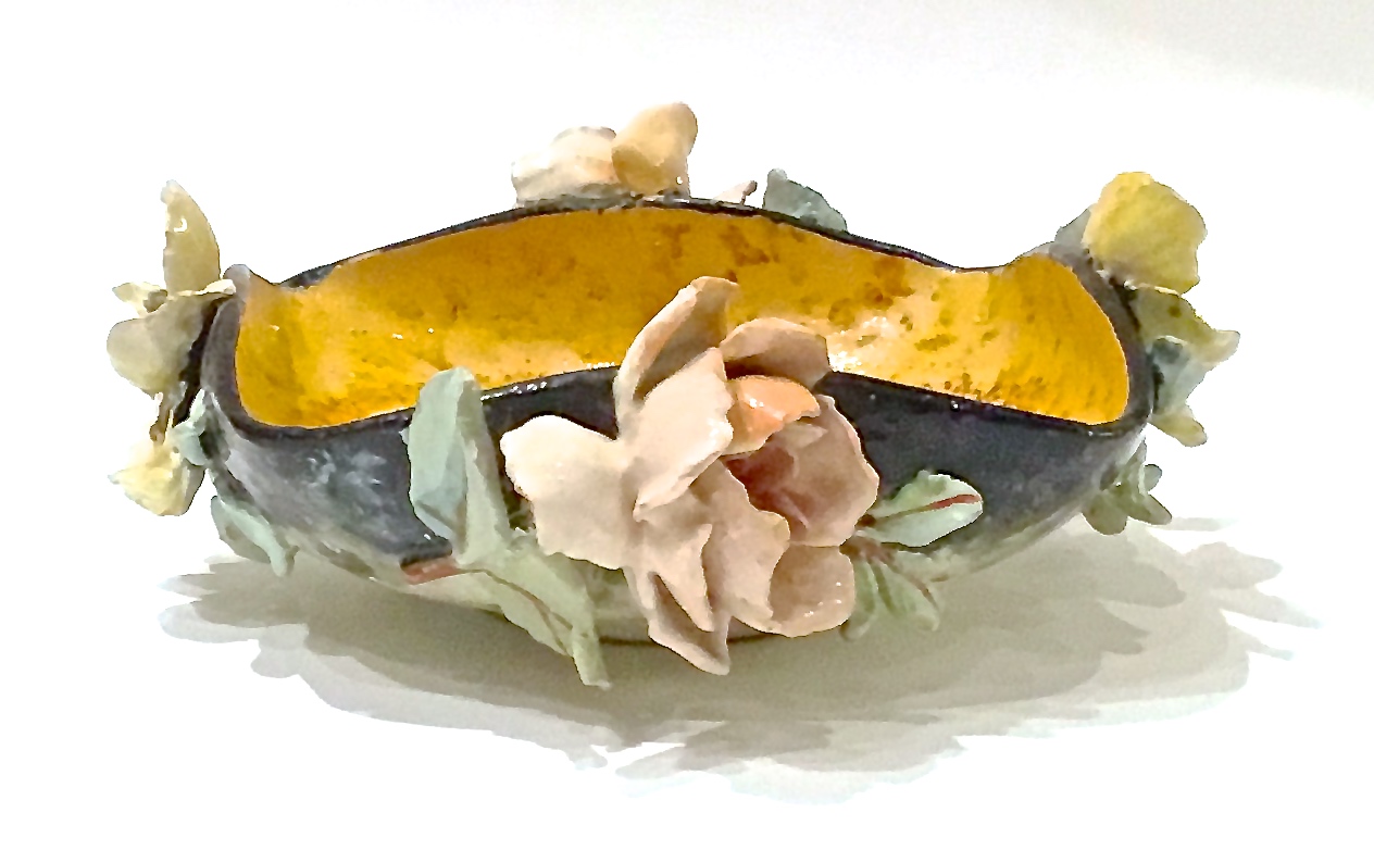French Barbotine Majolica Floral Bowl~P77424114