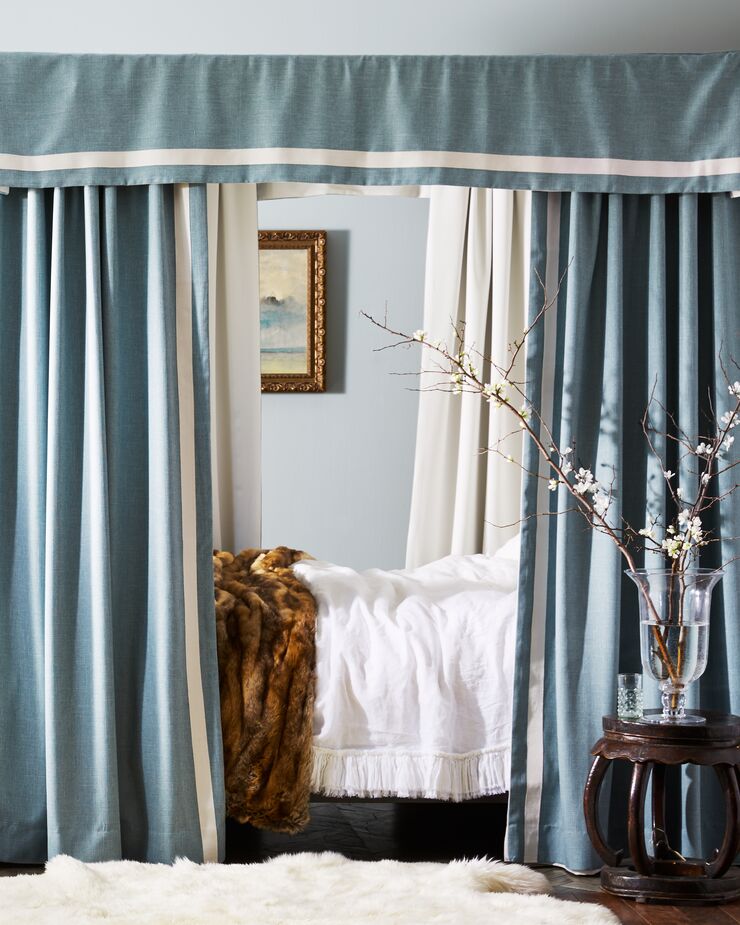 A toasty faux-fur throw and a sumptuous sheepskin rug instantly warm up a bedroom. Photo by Cheng Lin.
