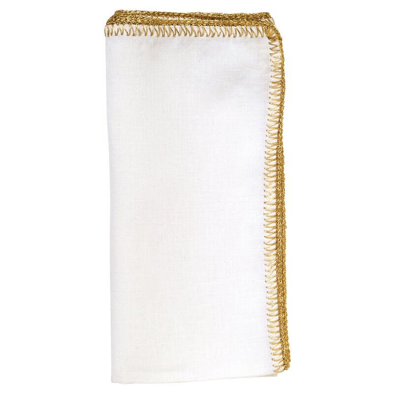 S/4 Crochet Edge Dinner Napkin, White/Gold