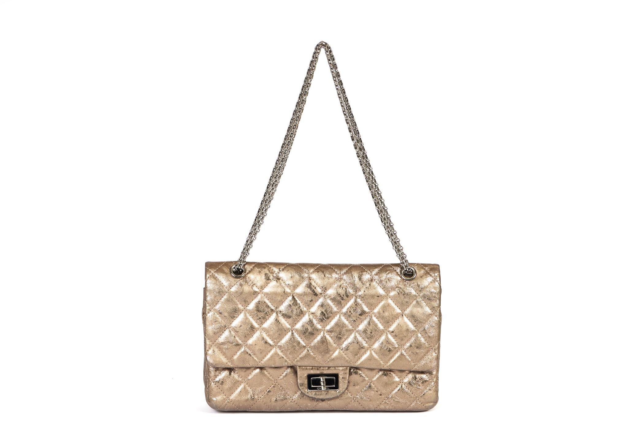 Chanel Silver Metallic Striped 2.55 Reissue Quilted Classic Calfskin  Leather 227 Jumbo Flap Bag - Yoogi's Closet