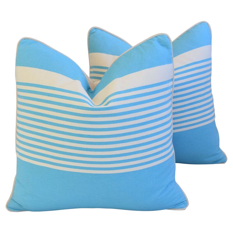 French Blue & White Striped Pillows, Pr