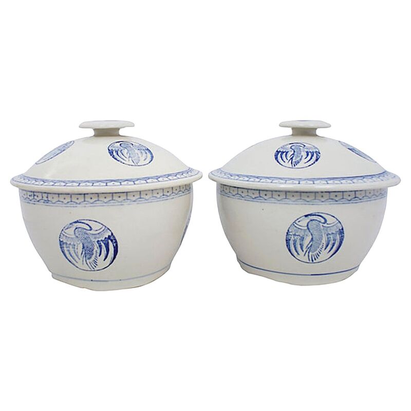 Blue & White Stoneware Covered Bowls,S/2