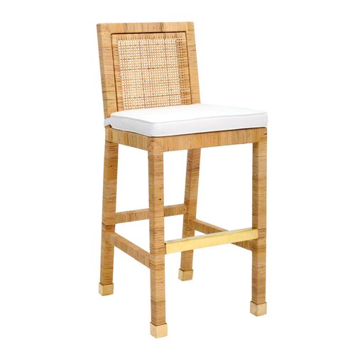 Valentino Rattan Performance Fabric Bar Stool, Natural/White