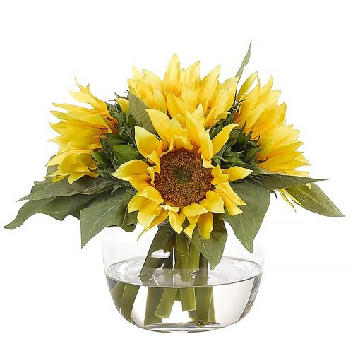 9" Sunflower Arrangement in Glass Vase, Faux