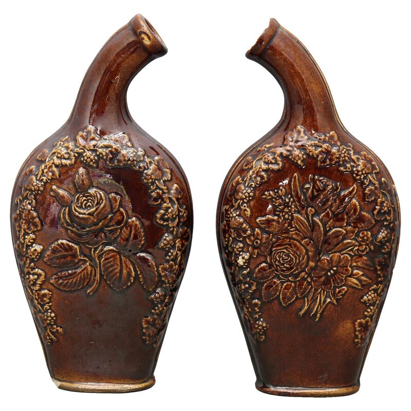 Antique English Stoneware Flasks, Pair