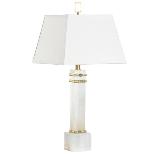 Alabaster Column Table Lamp with Rings, White/Gold