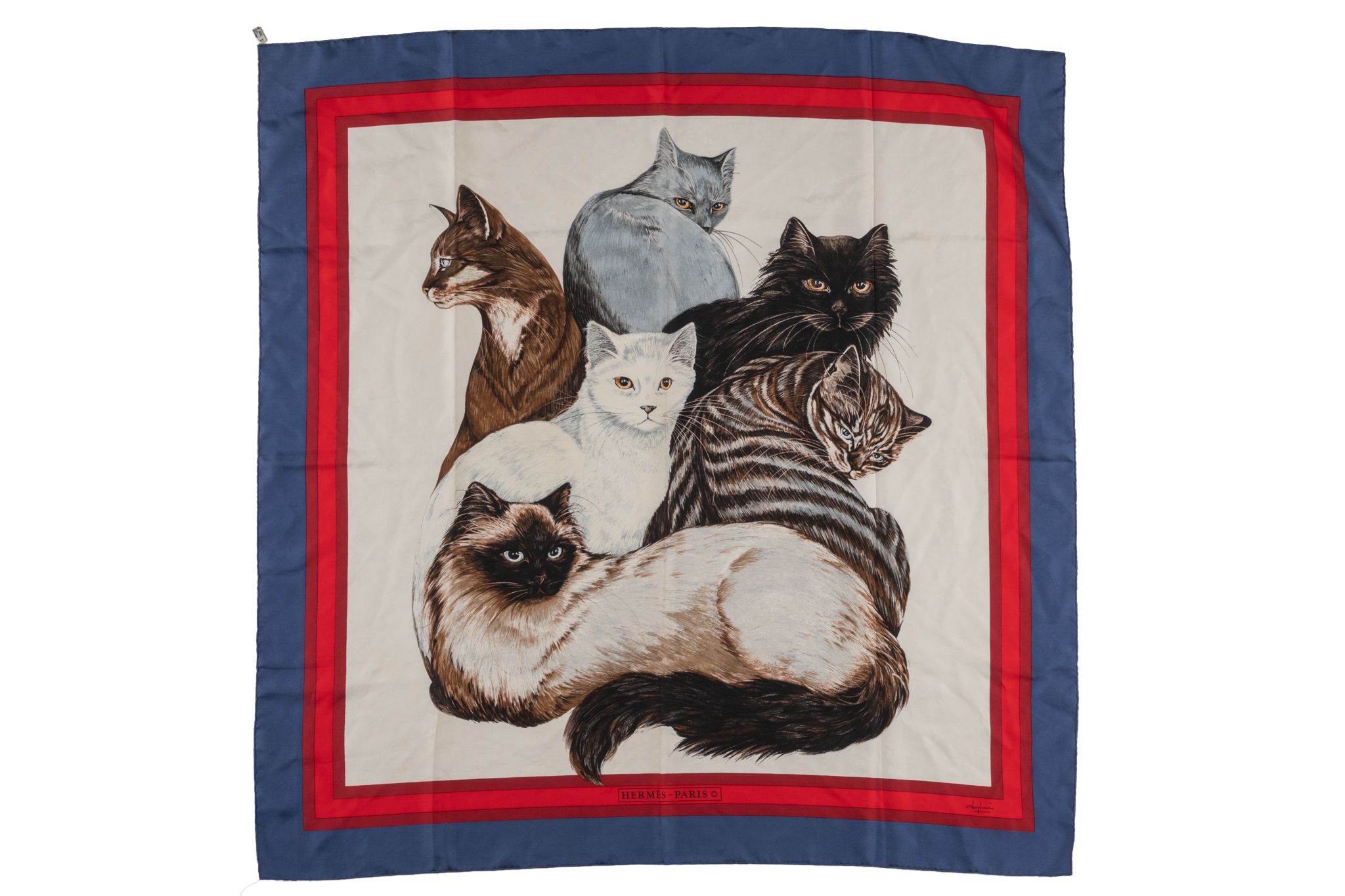 Hermès "Les Chats" Red Blue Silk Scarf~P77732510