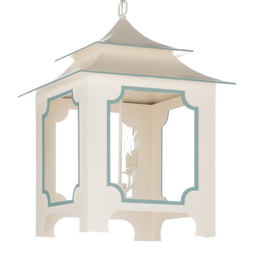 Tole Pagoda Lantern, Cream/Teal