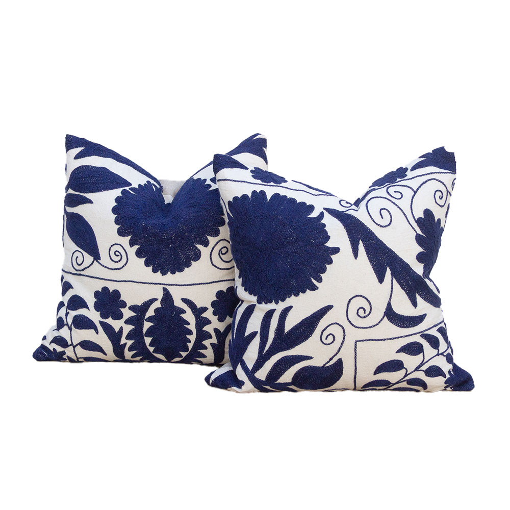 Pair, Indigo Embroidered Suzani Pillows~P77754795