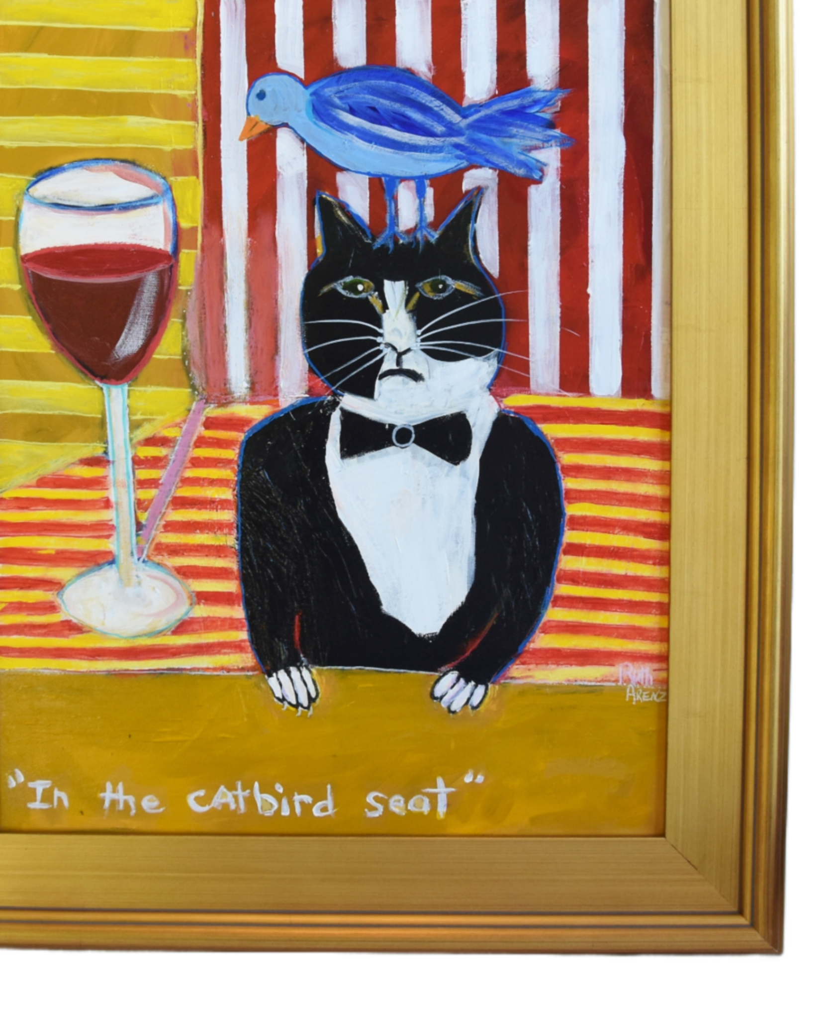 Outsider Art Tuxedo Cat Bluebird & Wine~P77671608