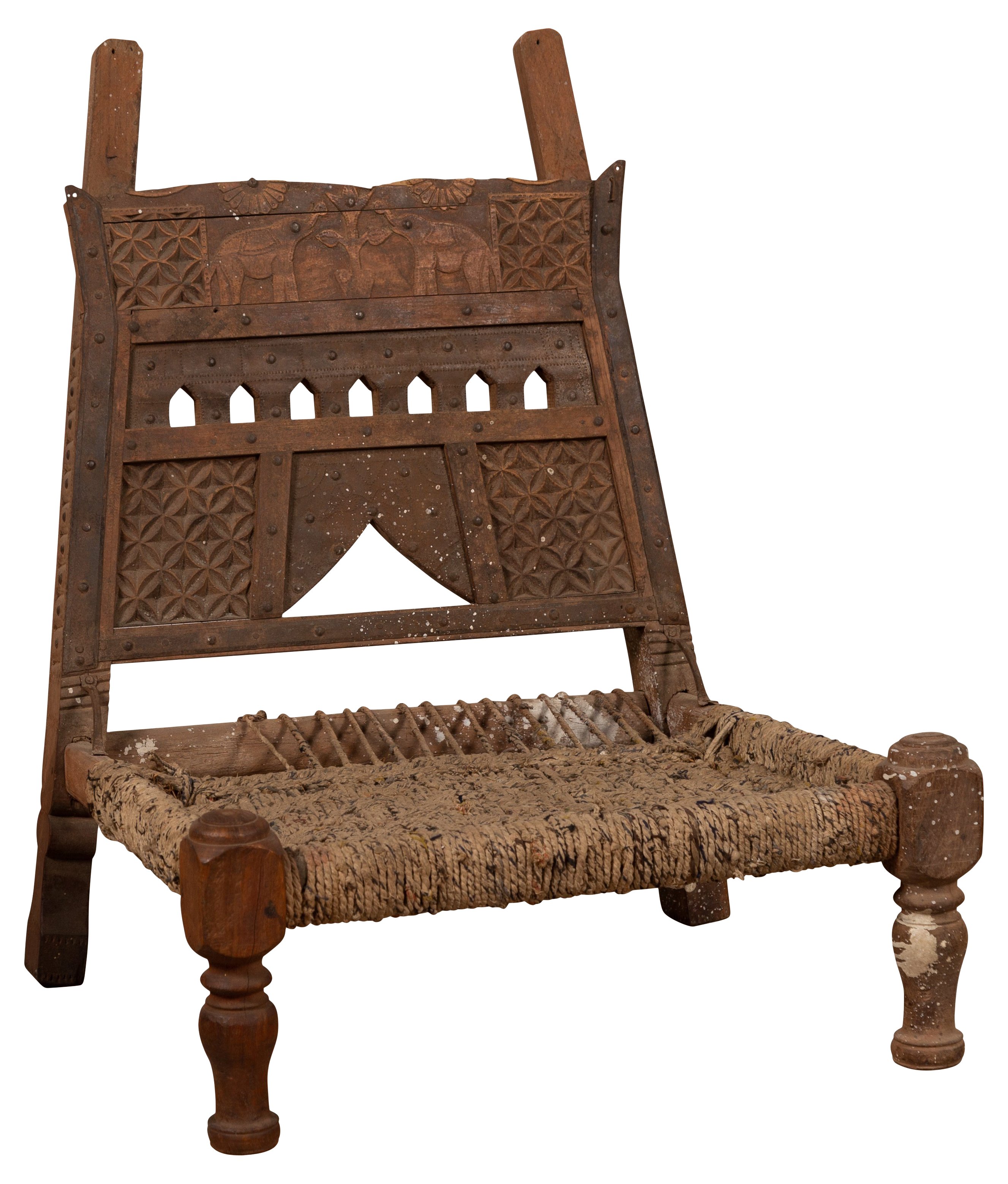 Rustic Indian Low Wooden Chair with Rope~P77555503
