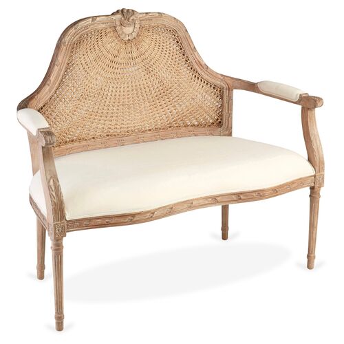 Serena Cane Settee, Natural/Off-White Linen~P77353755