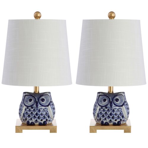 S/2 Evren Mini Owl Table Lamps, Blue/White