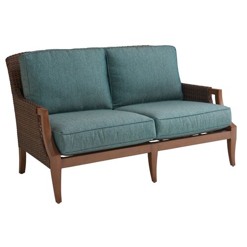 Harbor Isle Outdoor Aluminum/Wicker Love Seat, Blue/Aqua Sunbrella Harbor Isle Outdoor Aluminum/Wicker Love Seat, Blue/Aqua Sunbrella