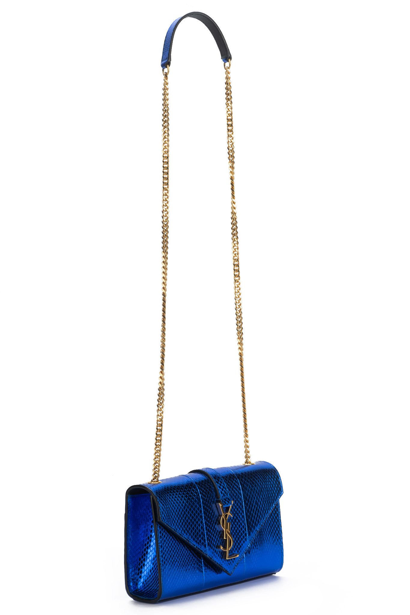 New Kate Monogram Ysl Small Metallic Snake Crossbody Bag In Shiny Blue