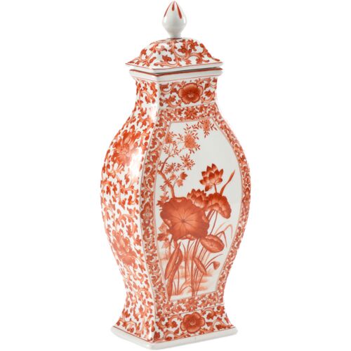 Covered Lotus Leaf Porcelain Vase, Orange/White
