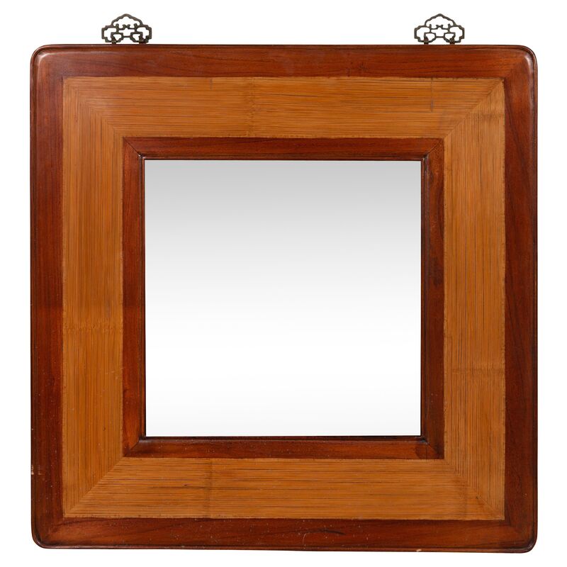 Chinese Two-Tone Elm & Rattan Mirror