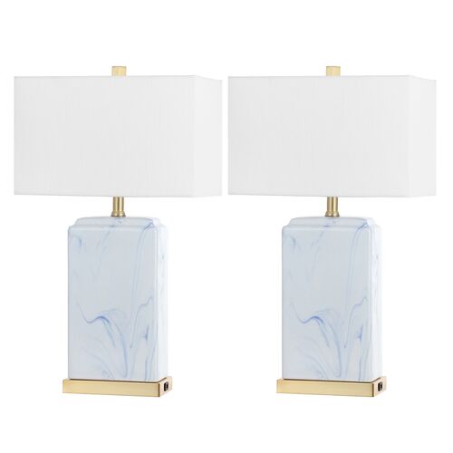 S/2 Kaelen USB Ceramic Table Lamps, Blue/White