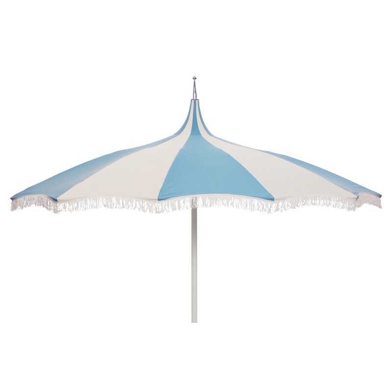 Ari Pagoda Fringe Patio Umbrella, Blue/White