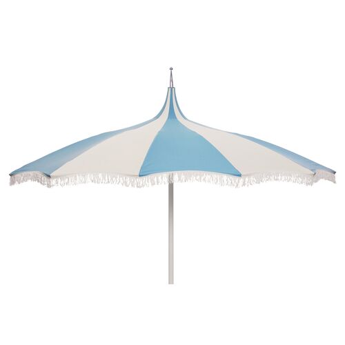 Ari Pagoda Fringe Patio Umbrella, Blue/White~P77326398