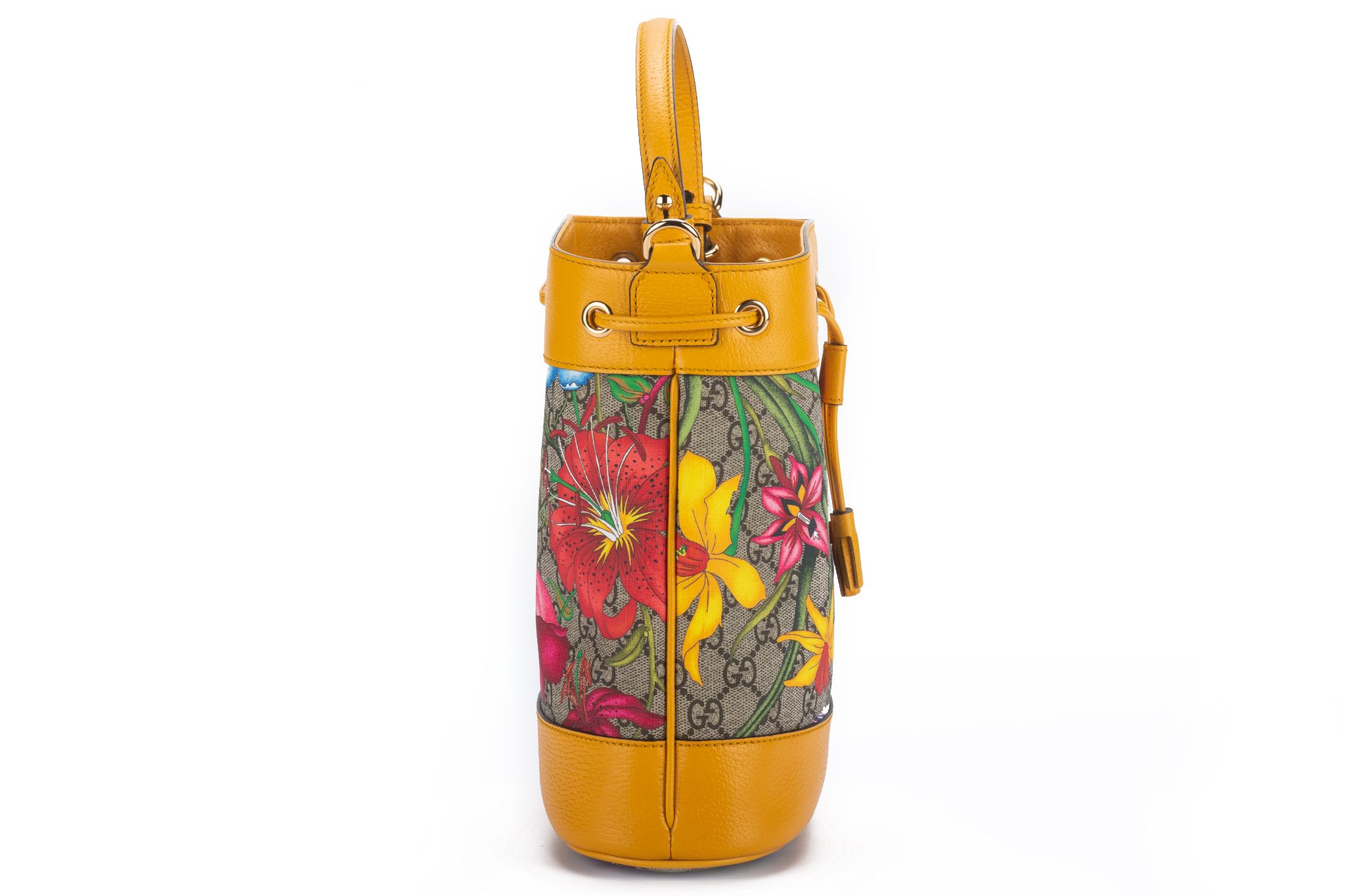 Gucci GG supreme monogram flora bucket bag with yellow leather