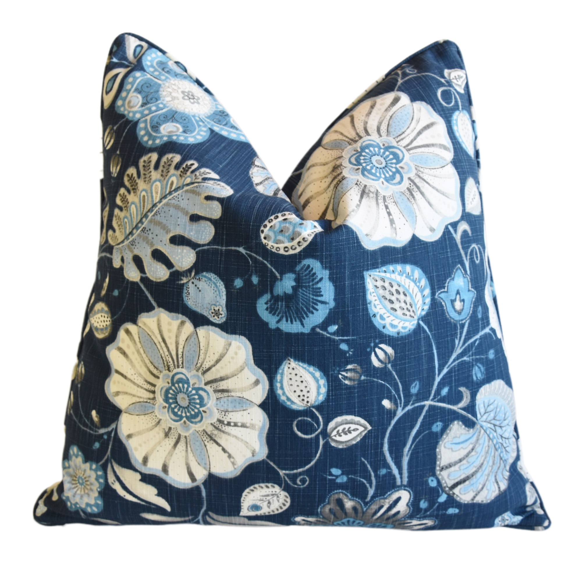 Blue White Designer Floral Linen Pillow~P77678786
